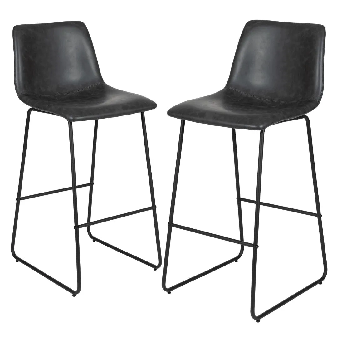 2 LeatherSoft Barstools, 30" Height, Dark Color, Mid-Century Style, Comfortable Bucket Seat