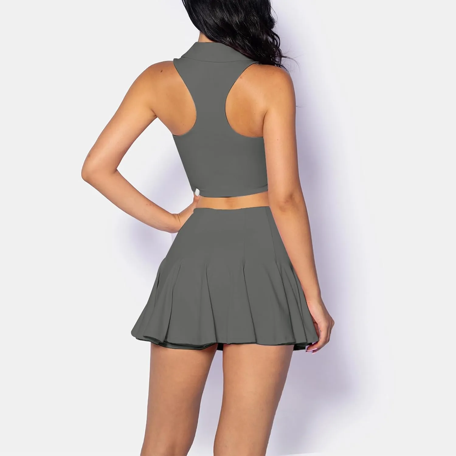 2 Piece Tennis Dress for Women Pleated Tennis Skirt Sleeveless Racerback Padded Crop Top Golf Workout Outfits