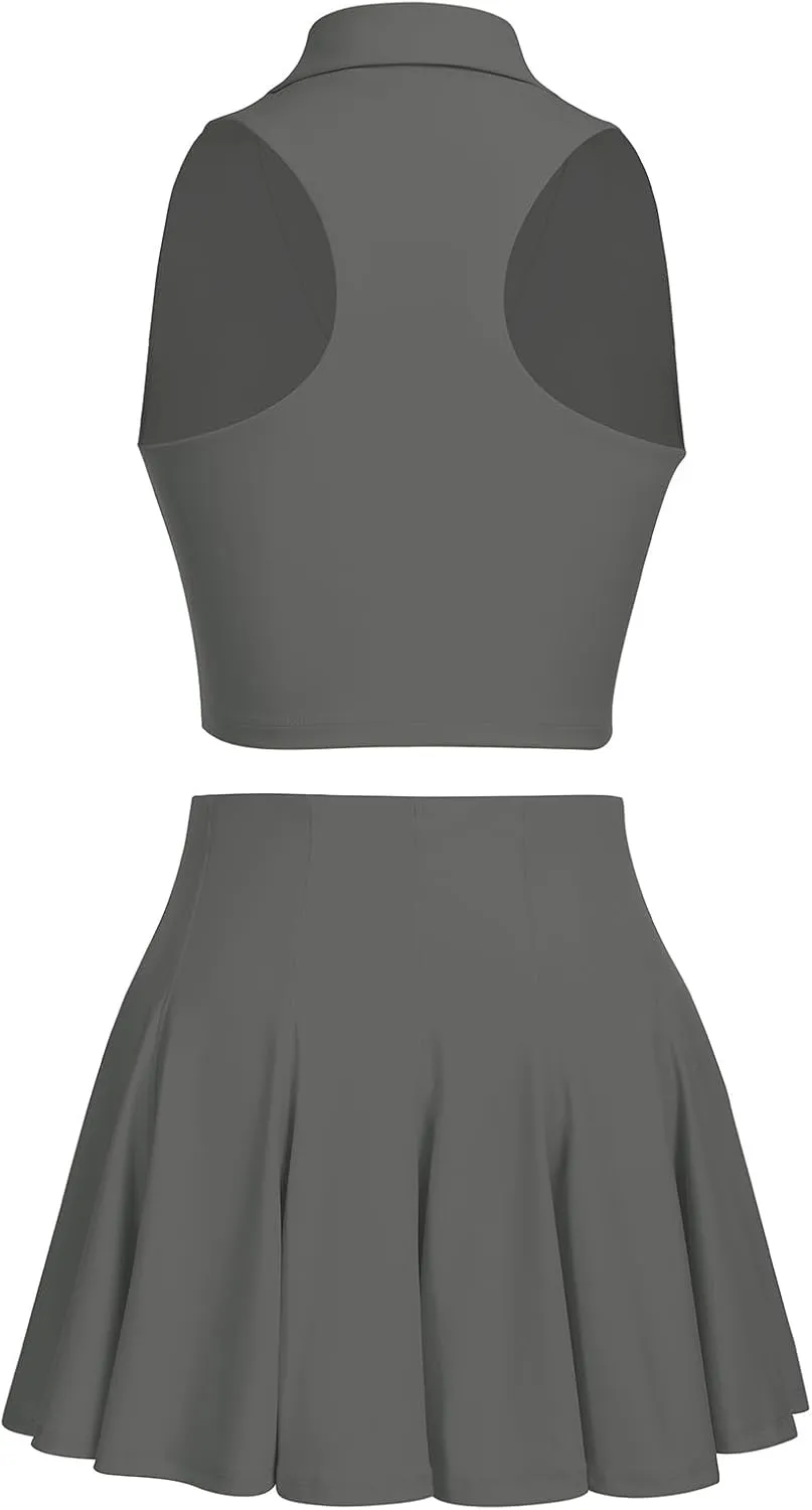 2 Piece Tennis Dress for Women Pleated Tennis Skirt Sleeveless Racerback Padded Crop Top Golf Workout Outfits