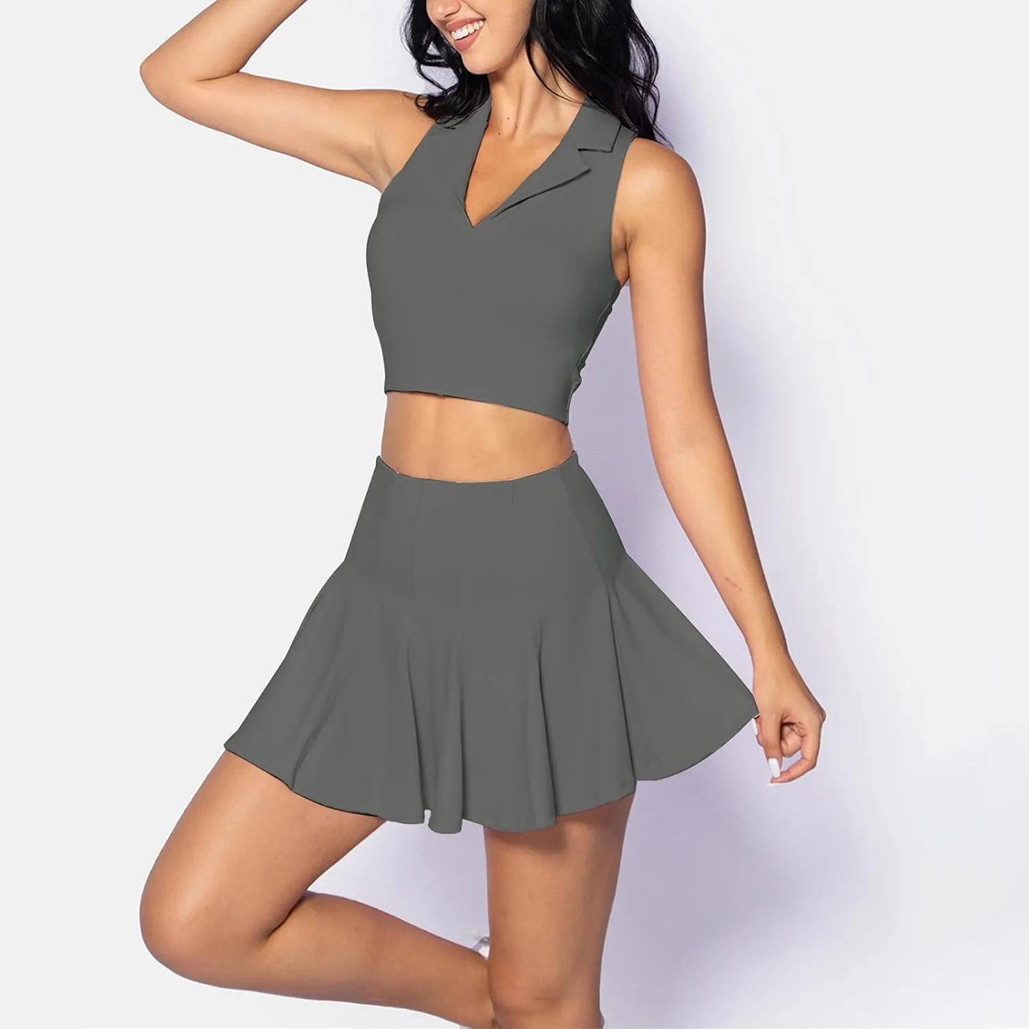 2 Piece Tennis Dress for Women Pleated Tennis Skirt Sleeveless Racerback Padded Crop Top Golf Workout Outfits