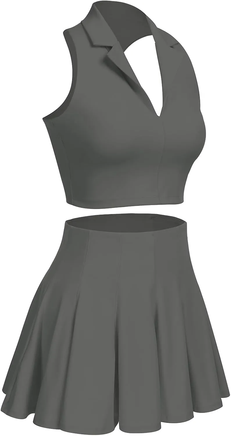 2 Piece Tennis Dress for Women Pleated Tennis Skirt Sleeveless Racerback Padded Crop Top Golf Workout Outfits