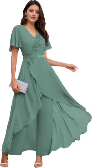 2 Pieces Dressy Pant Suits for Women Short Sleeve Lace Mother of The Bride Dresses Formal Outfits Eucalyptus Jumpsuit 16