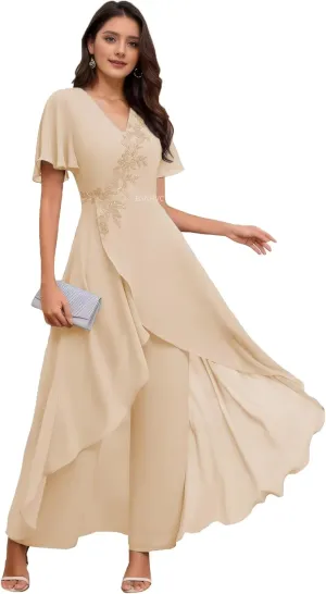 2 Pieces Dressy Pant Suits Short Sleeve Lace Chiffon Wedding Pantsuits for Women Casual Outfits Champagne 6