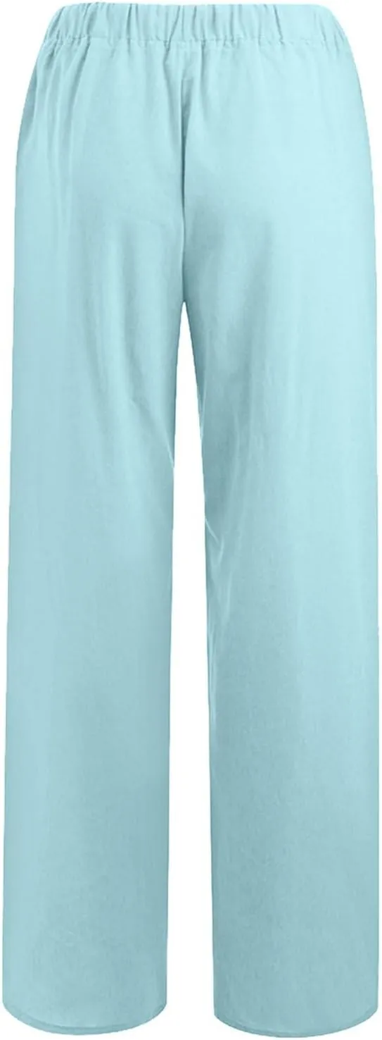 2025 Summer Linen Pants Women High Waisted Lightweight Casual Pants Solid Loose Straight Leg Trousers with Pockets