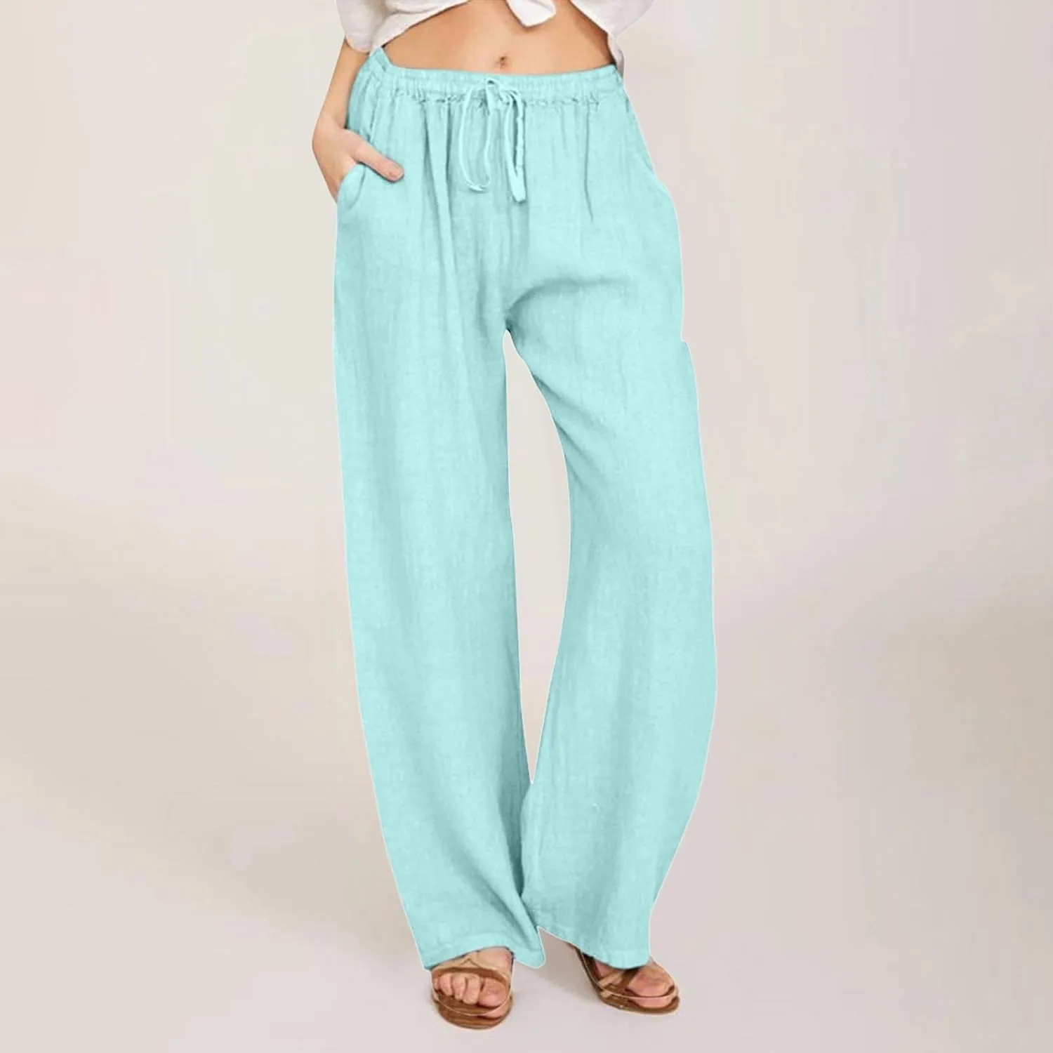 2025 Summer Linen Pants Women High Waisted Lightweight Casual Pants Solid Loose Straight Leg Trousers with Pockets