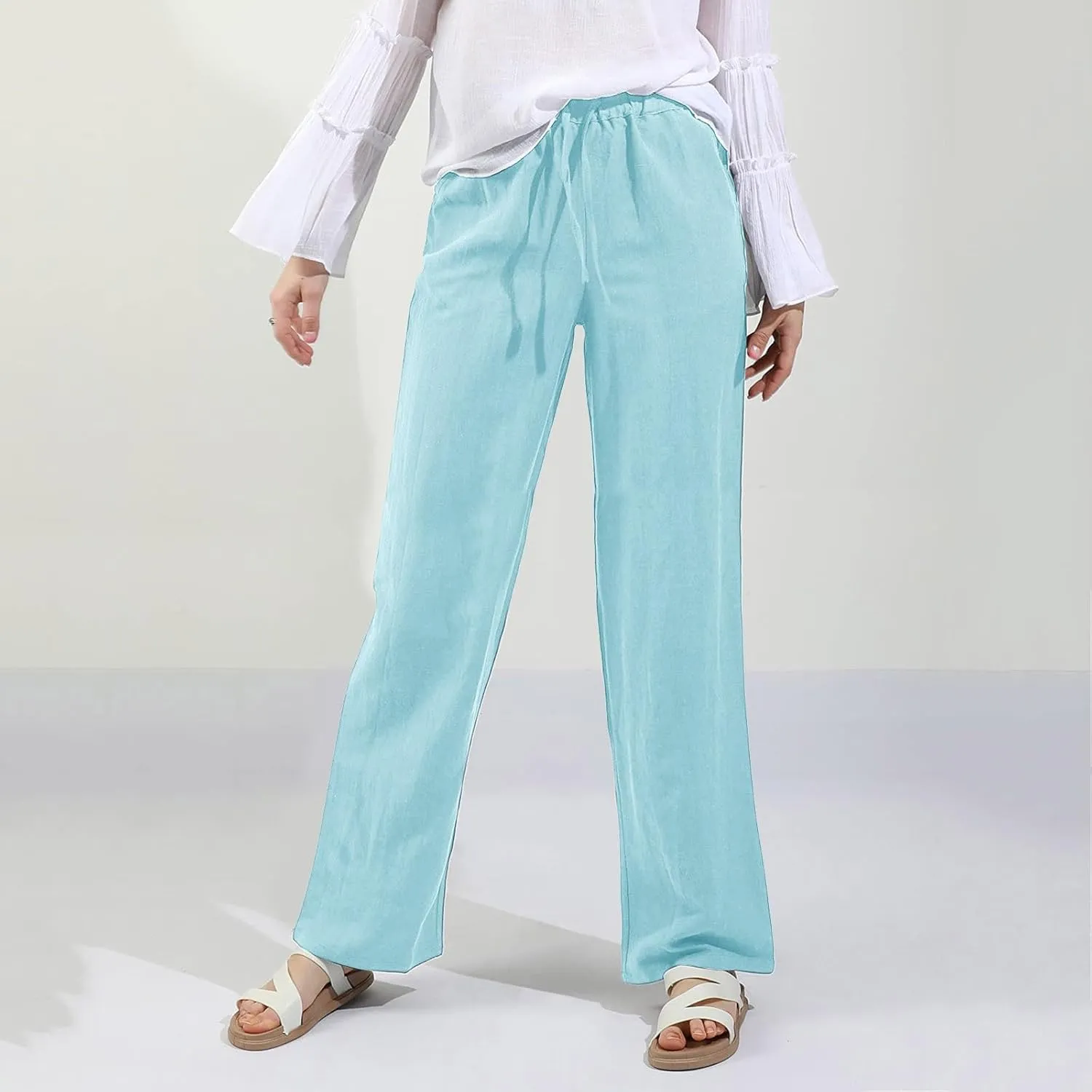2025 Summer Linen Pants Women High Waisted Lightweight Casual Pants Solid Loose Straight Leg Trousers with Pockets