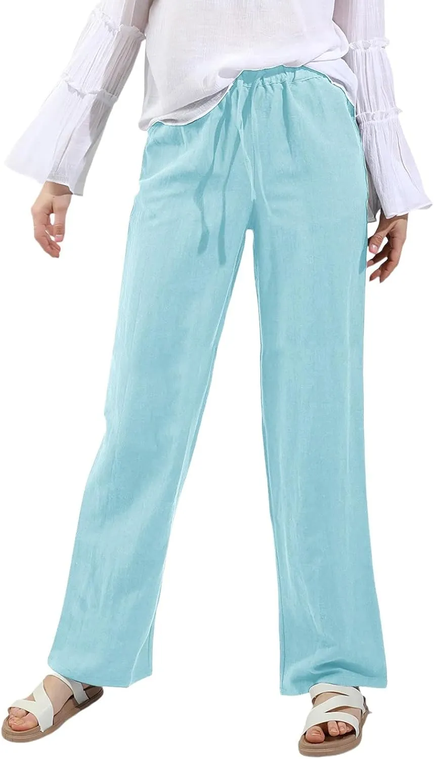 2025 Summer Linen Pants Women High Waisted Lightweight Casual Pants Solid Loose Straight Leg Trousers with Pockets