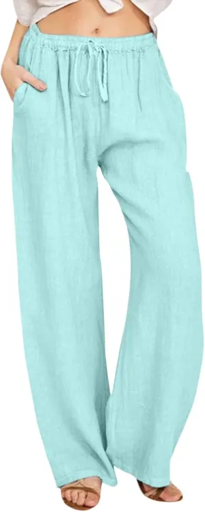 2025 Summer Linen Pants Women High Waisted Lightweight Casual Pants Solid Loose Straight Leg Trousers with Pockets