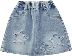 3-13 Years Skirts for Teen Girls Blue Elastic High Waist A Line Pleated Denim Skirt