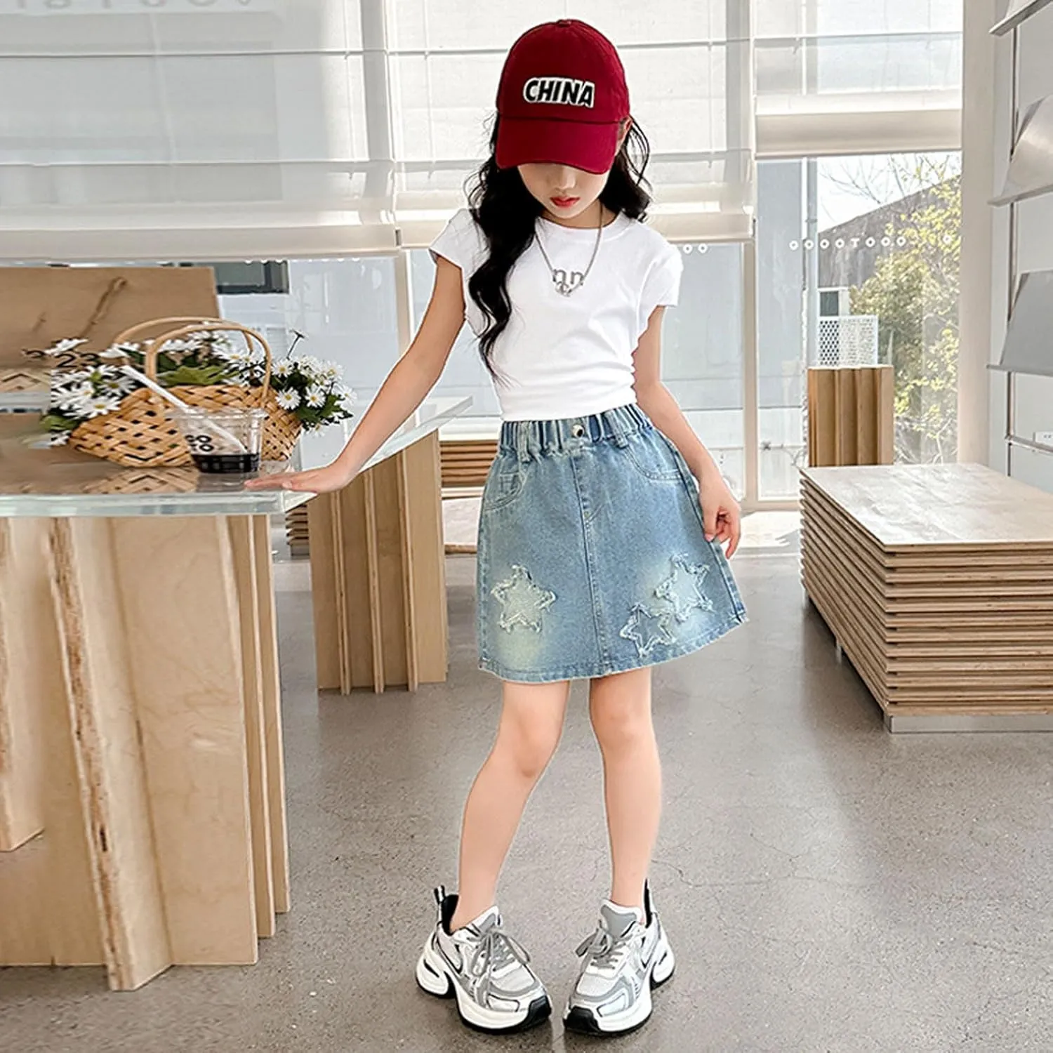 3-13 Years Skirts for Teen Girls Blue Elastic High Waist A Line Pleated Denim Skirt