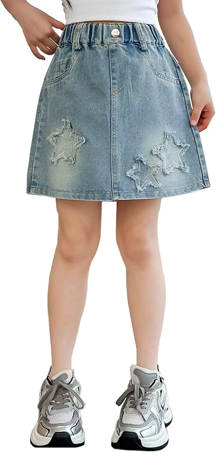 3-13 Years Skirts for Teen Girls Blue Elastic High Waist A Line Pleated Denim Skirt