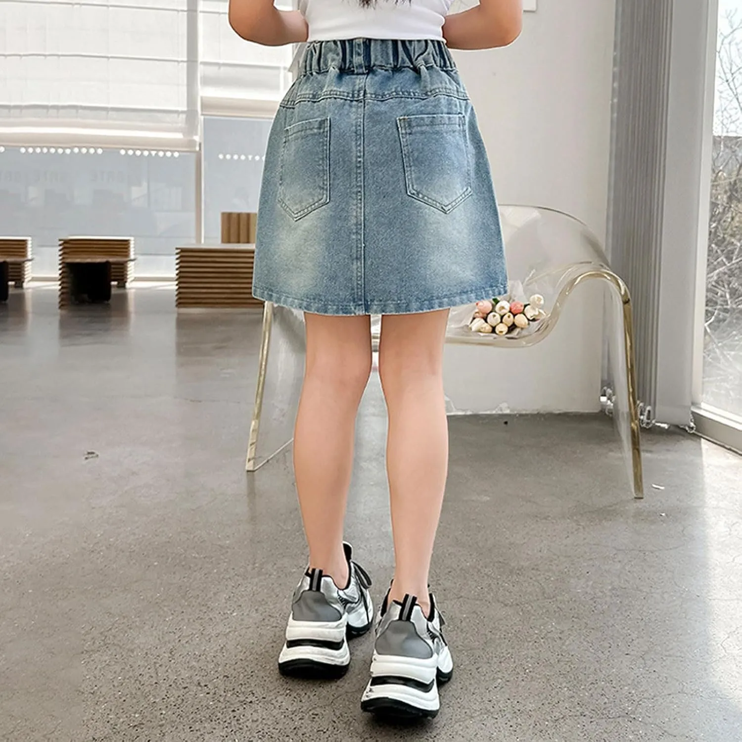 3-13 Years Skirts for Teen Girls Blue Elastic High Waist A Line Pleated Denim Skirt