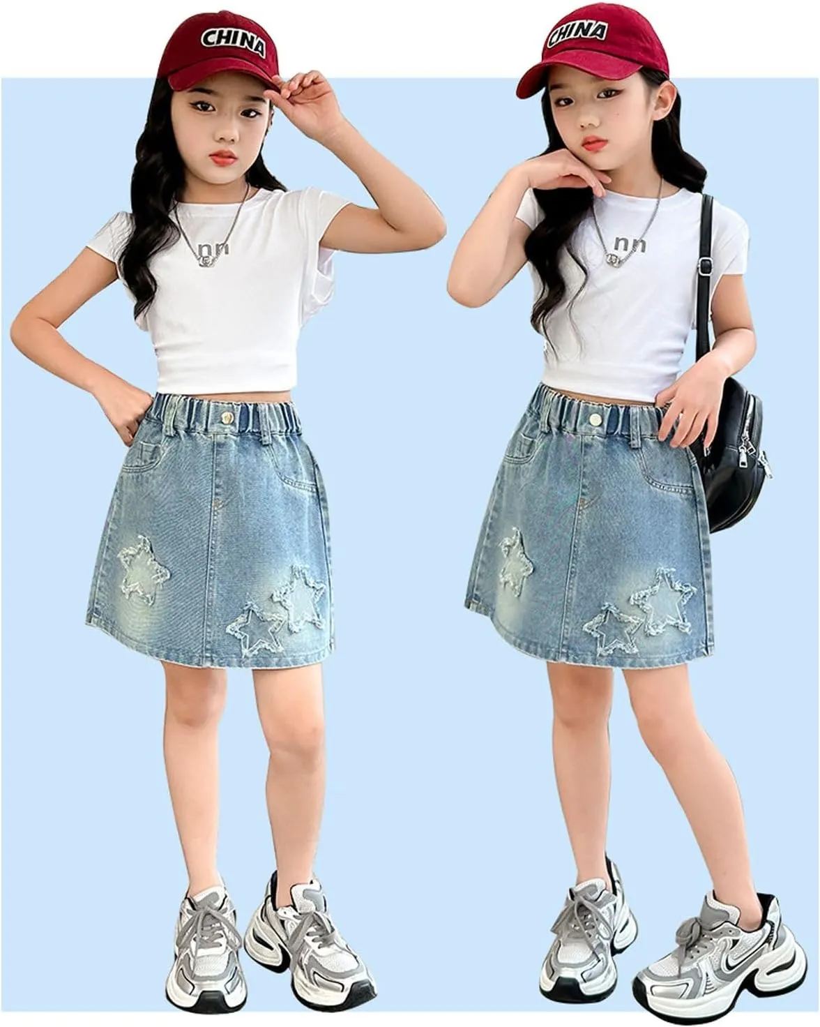 3-13 Years Skirts for Teen Girls Blue Elastic High Waist A Line Pleated Denim Skirt