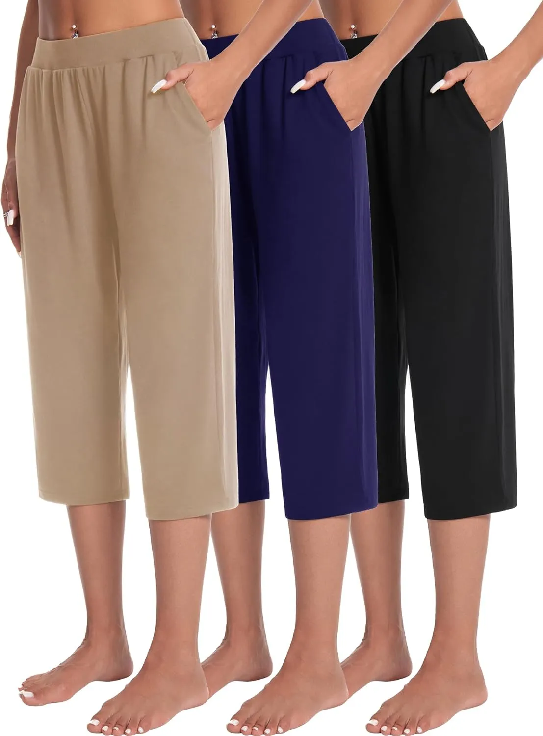 3 Pack Capri Pants for Women Loose Lounge Cropped Sweatpants Joggers Yoga Casual Workout Pants with Pockets