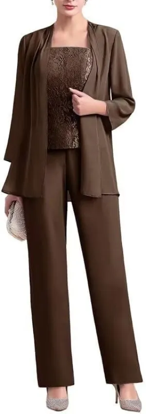 3 Pieces Mother of The Bride Dresses Pant Suits for Women Chiffon Lace Formal Outfit Evening Dress with Jacket