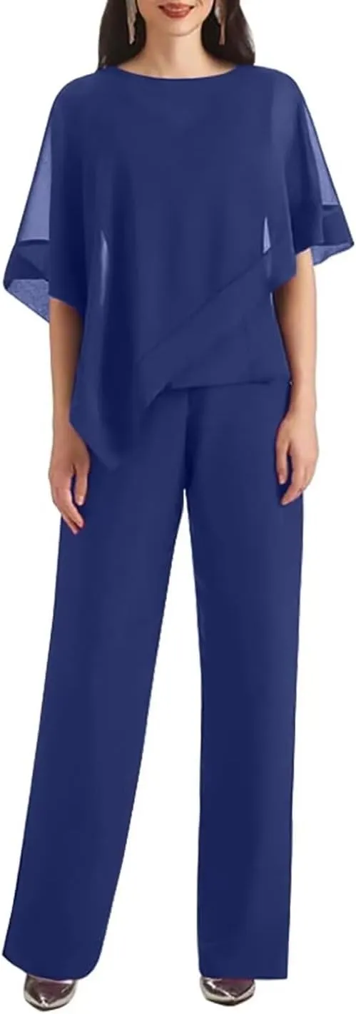 3 Pieces Mother of The Bride Pant Suits Chiffon Mother of The Groom Pantsuits for Wedding with Cap