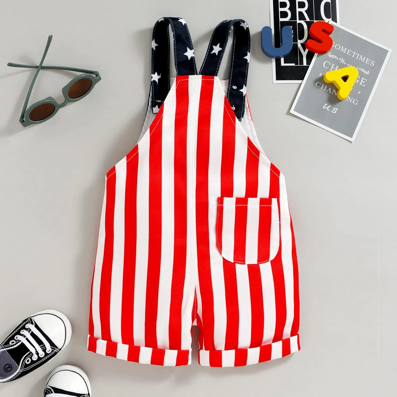 Adobabirl Toddler Baby 4th of July Outfit Girl Boy American Flag Overall Shorts Suspender Denim Jumpsuit with Pocket