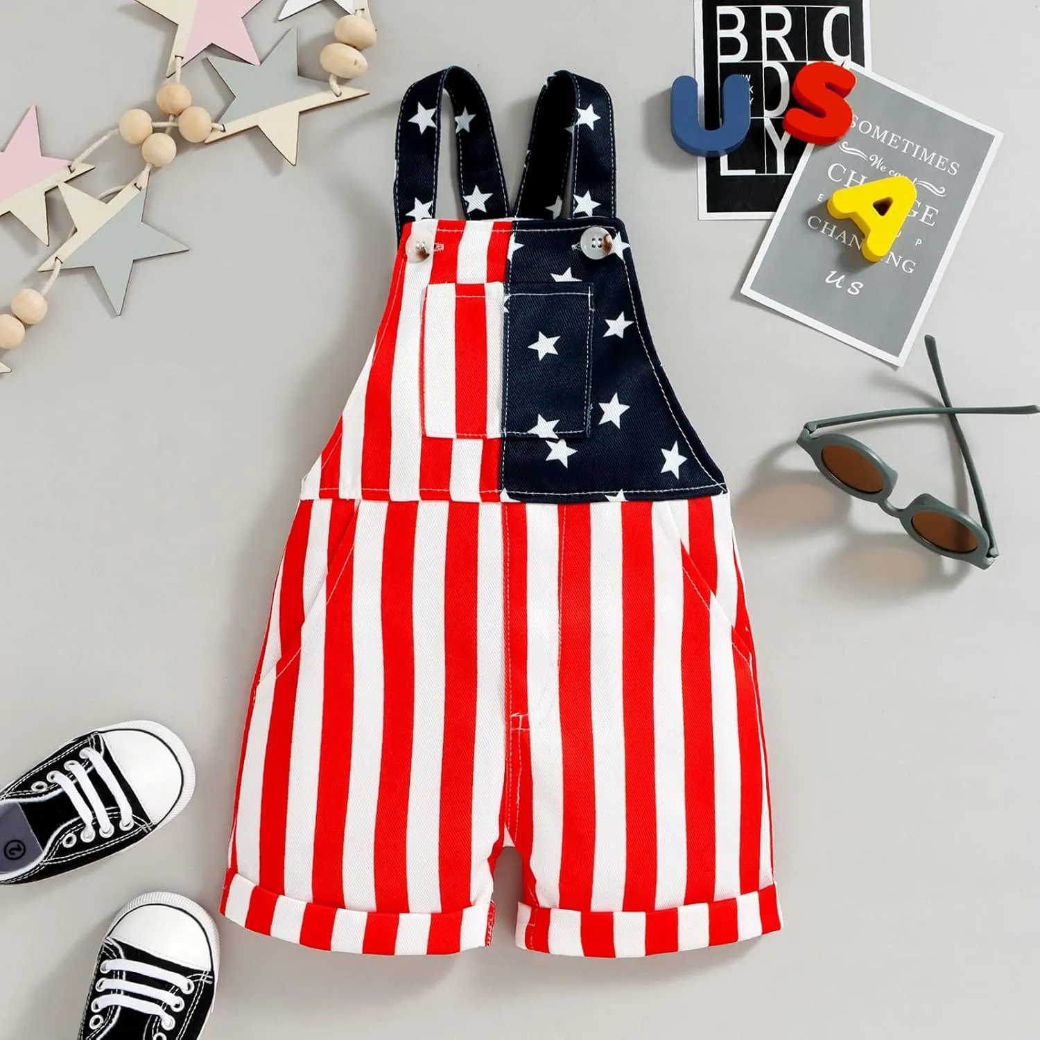 Adobabirl Toddler Baby 4th of July Outfit Girl Boy American Flag Overall Shorts Suspender Denim Jumpsuit with Pocket