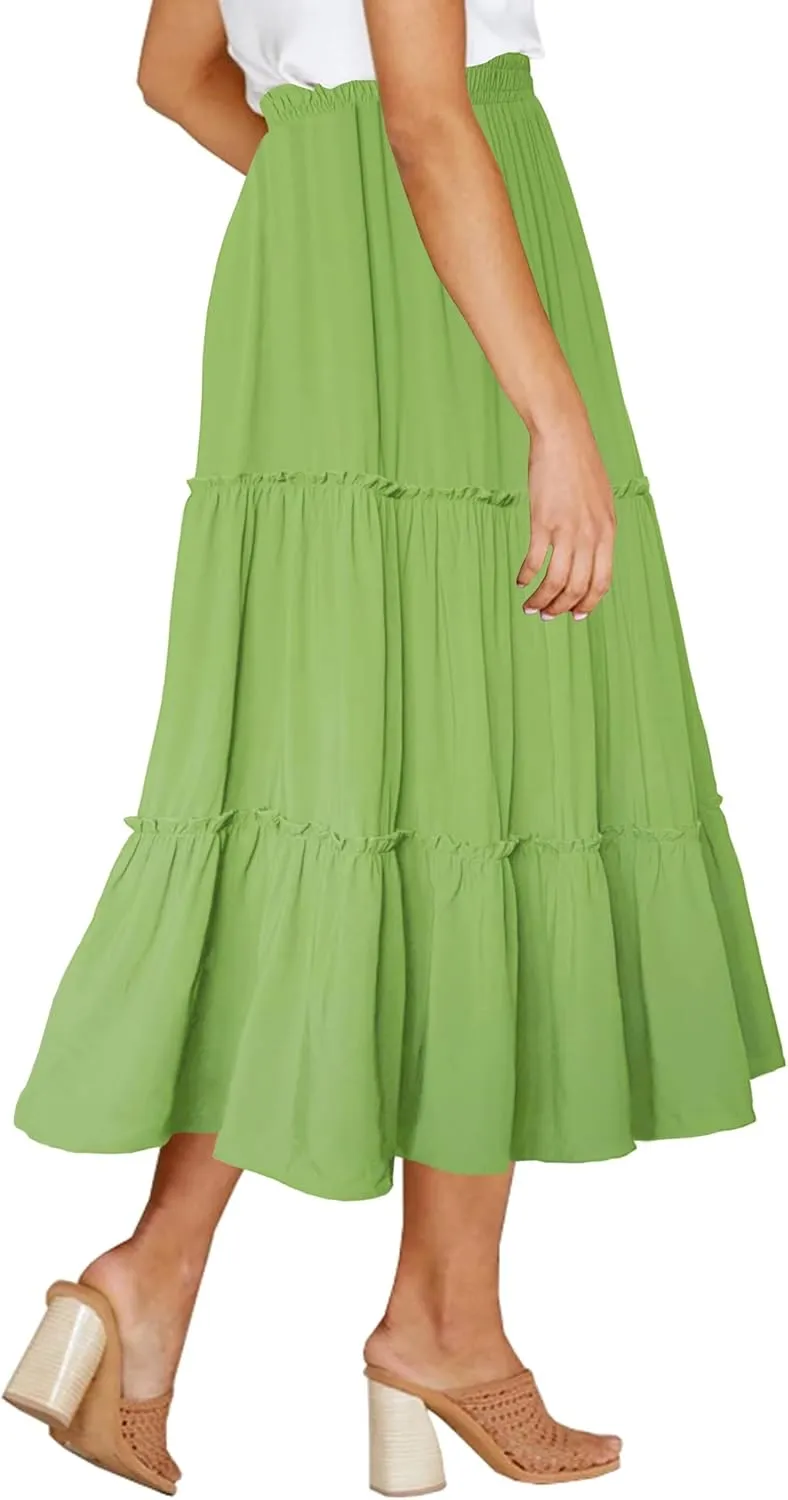Afibi Womens High Waist A Line Ruffle Swing Long Maxi Skirt with Pockets