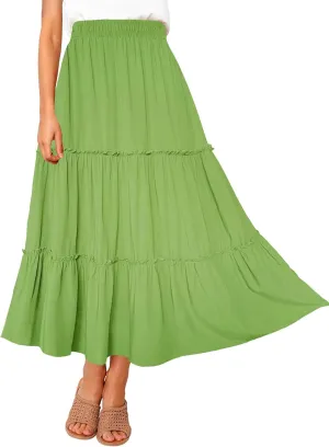 Afibi Womens High Waist A Line Ruffle Swing Long Maxi Skirt with Pockets