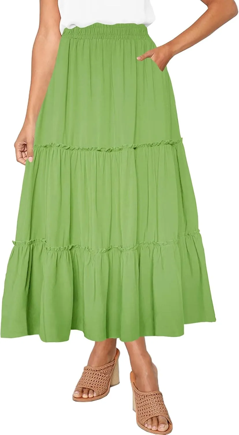 Afibi Womens High Waist A Line Ruffle Swing Long Maxi Skirt with Pockets