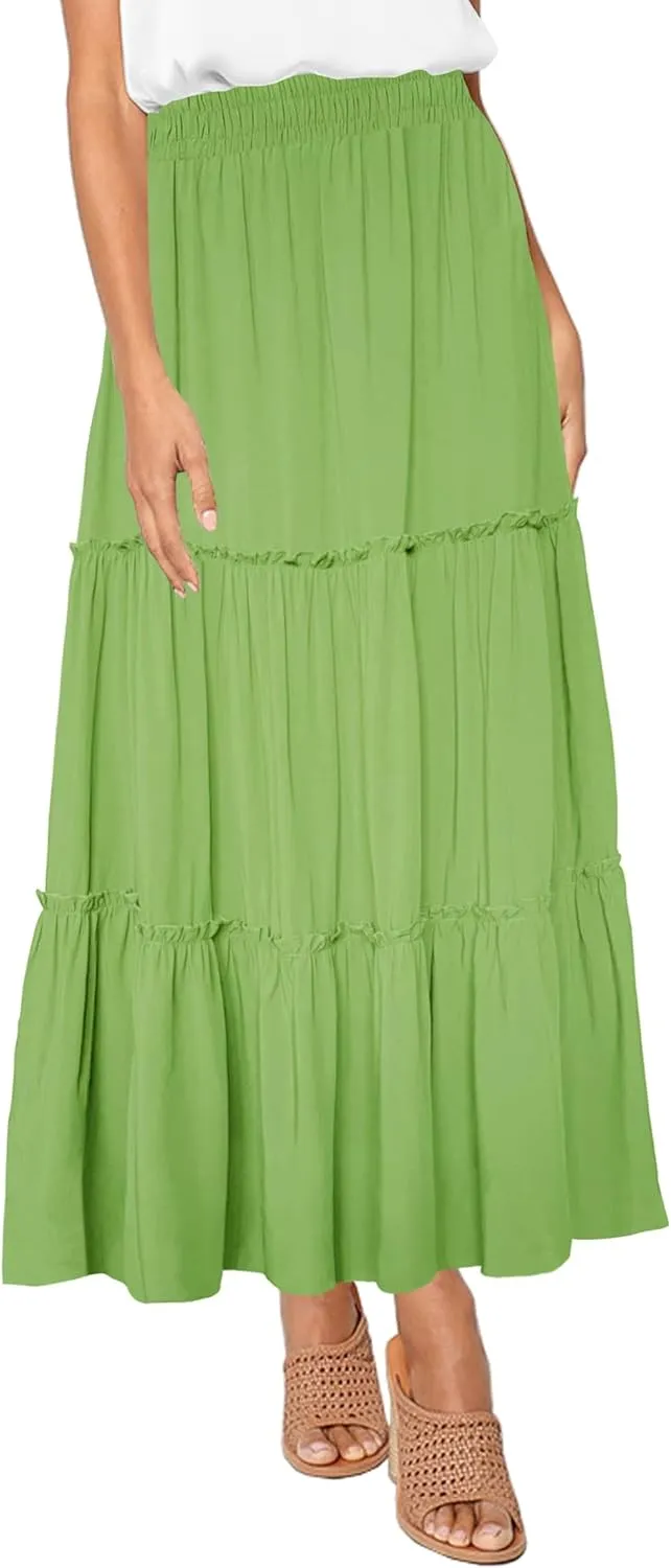 Afibi Womens High Waist A Line Ruffle Swing Long Maxi Skirt with Pockets
