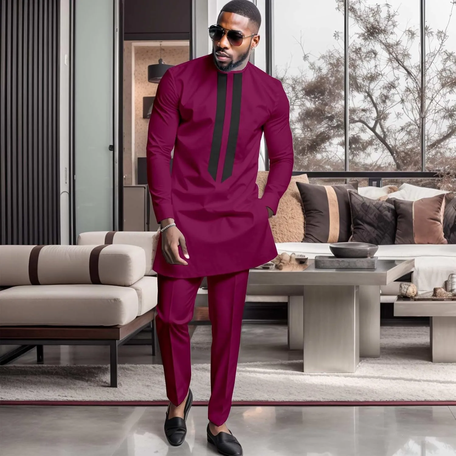African Men's Formal Clothes Dashiki Shirt and Pant Two Piece Suit Traditional Long Sleeve Outfits