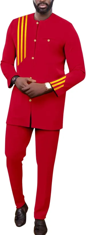 African Suits for Men Single Breasted Embroidery Jacket and Pants 2 Pieces Set Formal Outfits