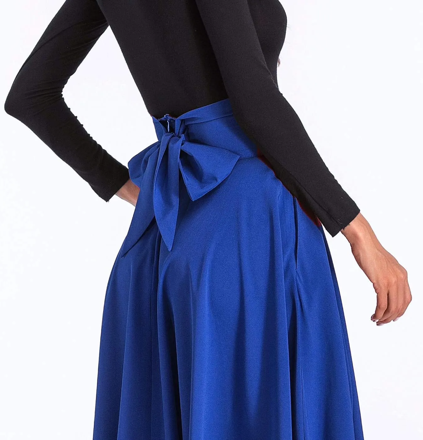 Aivtalk Women High Waist Long Skirt with Slit Pockets Bow Tie Pleated Maxi Skirt