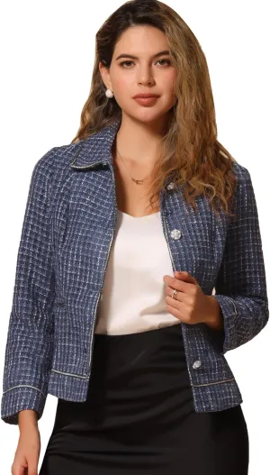 Allegra K Tweed Blazer for Women's Plaid Long Sleeve Vintage Outwear Work Office Short Jacket Coat
