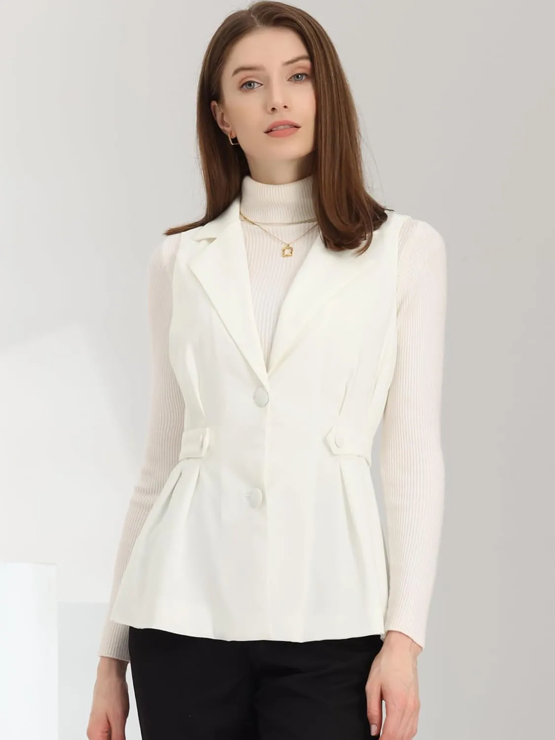 Allegra K Waistcoat Vest for Women's Notched Lapel Collar Office Dressy Blazer Pleated Sleeveless Jacket