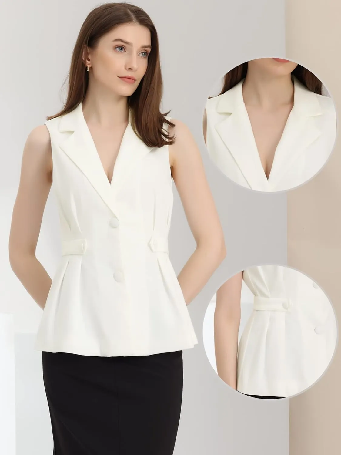 Allegra K Waistcoat Vest for Women's Notched Lapel Collar Office Dressy Blazer Pleated Sleeveless Jacket