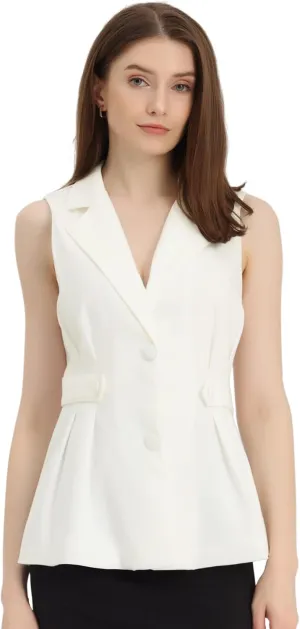 Allegra K Waistcoat Vest for Women's Notched Lapel Collar Office Dressy Blazer Pleated Sleeveless Jacket