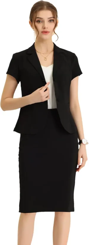 Allegra K Women's Business Skirt Suit Set Work Office Short Sleeve Blazer Jacket Pencil Skirt