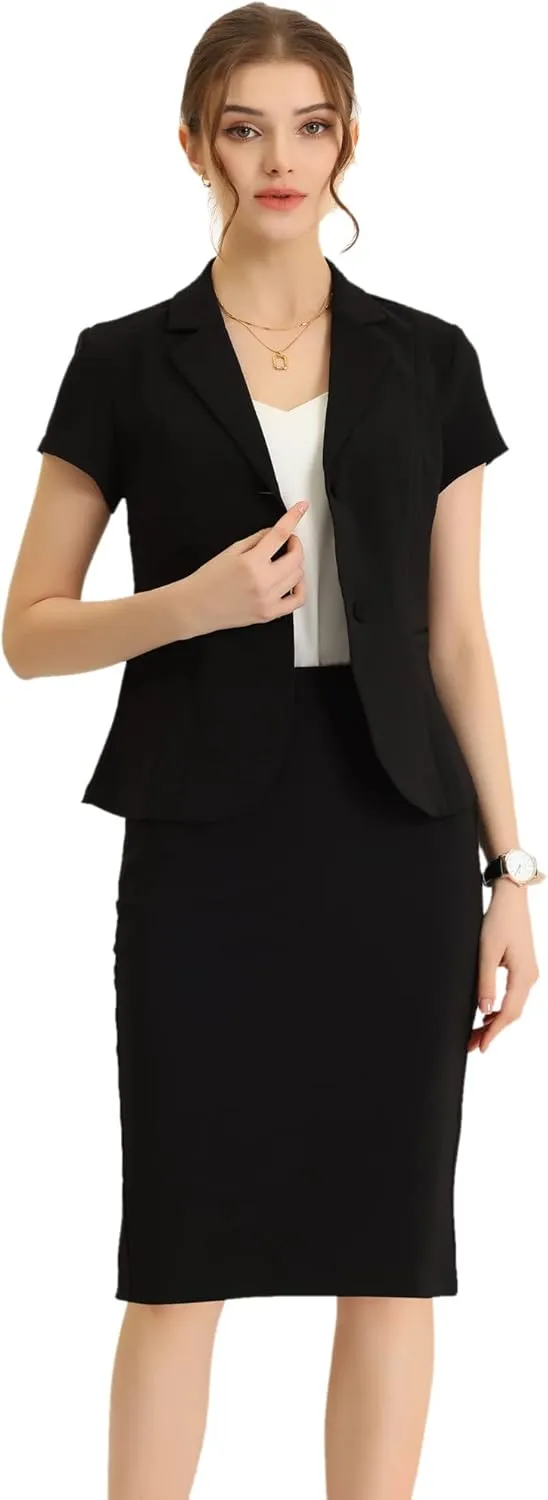 Allegra K Women's Business Skirt Suit Set Work Office Short Sleeve Blazer Jacket Pencil Skirt