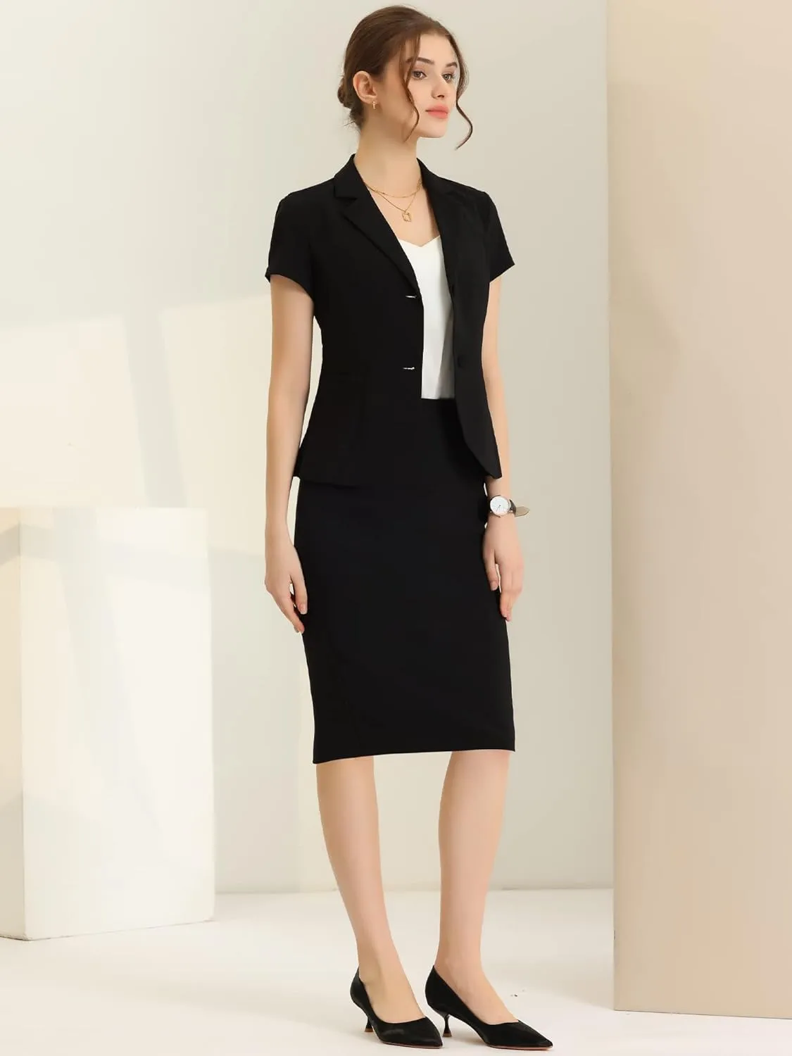 Allegra K Women's Business Skirt Suit Set Work Office Short Sleeve Blazer Jacket Pencil Skirt