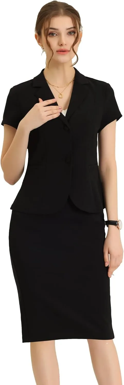 Allegra K Women's Business Skirt Suit Set Work Office Short Sleeve Blazer Jacket Pencil Skirt