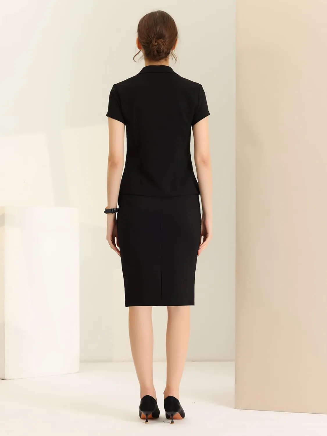 Allegra K Women's Business Skirt Suit Set Work Office Short Sleeve Blazer Jacket Pencil Skirt