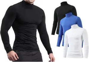 ANUFER Mens 3 Pack Long Sleeve Compression Shirts - Sports Running Base Layer Tops - Thermal Mock Neck Undershirts