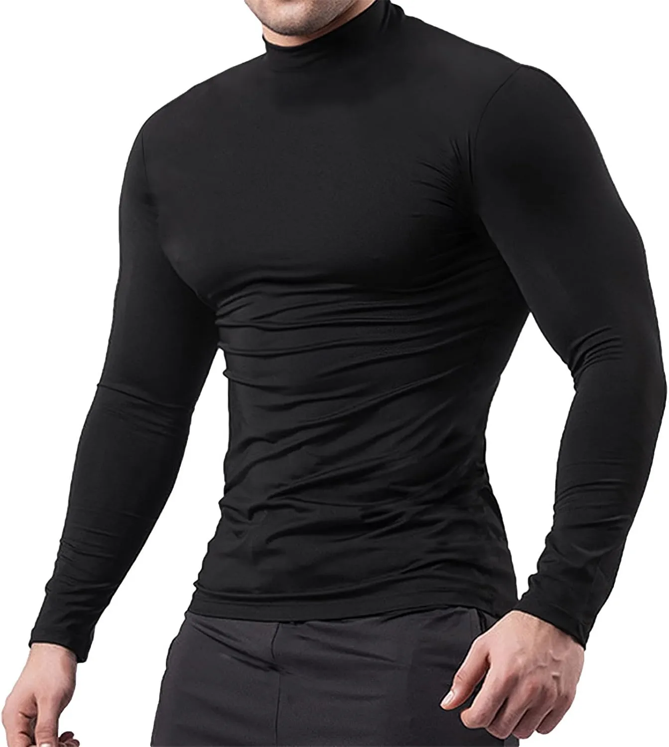 ANUFER Mens 3 Pack Long Sleeve Compression Shirts - Sports Running Base Layer Tops - Thermal Mock Neck Undershirts