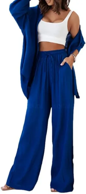 Argeousgor Women's 2 Piece Casual Outfits Button Down Long Sleeve Shirt Top High Waist Pleated Pants Sets Loungewear Streetwear Suits(C1-Blue,L)