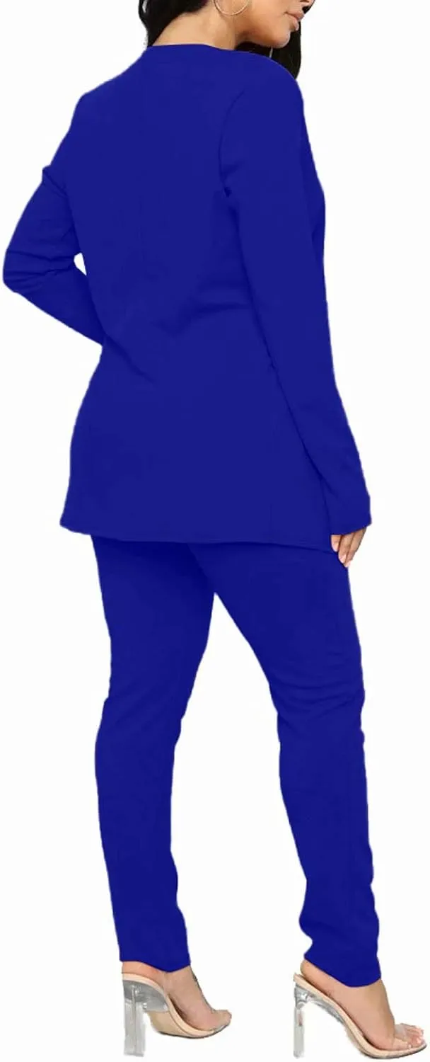 Aro Lora Women's 2 Piece Outfit Casual Solid Open Front Blazer and Pencil Pant Suits Set