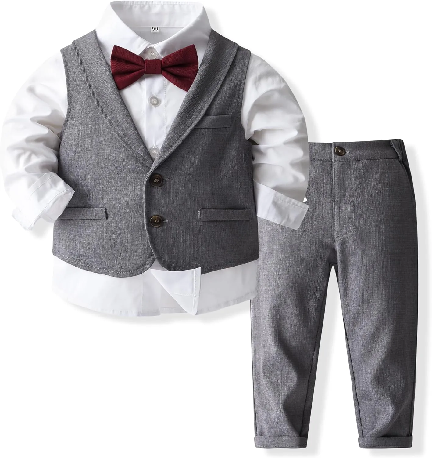 Baby Boys Gentleman Formal Suit Set with Vest, Pant, Shirt, and Bow Tie, Weding 4Pcs Outfit