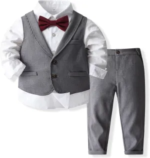 Baby Boys Gentleman Formal Suit Set with Vest, Pant, Shirt, and Bow Tie, Weding 4Pcs Outfit