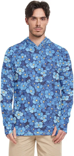 Beauty Spring Blue Flowers Mens Sun Hoodie Shirts UV Protection Long Sleeve UPF 50   Sun Shirt With Hood Quick-Dry Rash Guard Hooded Hiking Hoodie capucha para el sol de hombre