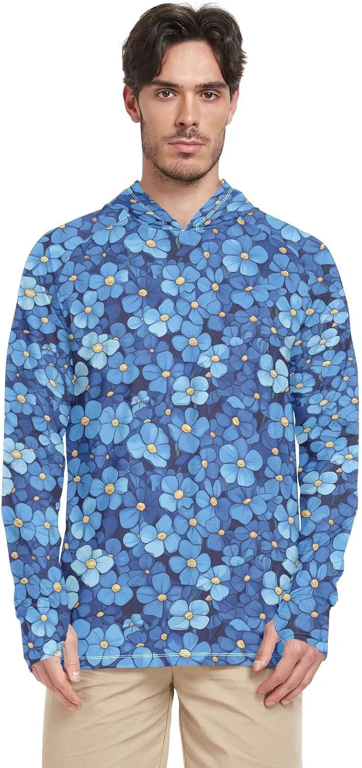 Beauty Spring Blue Flowers Mens Sun Hoodie Shirts UV Protection Long Sleeve UPF 50   Sun Shirt With Hood Quick-Dry Rash Guard Hooded Hiking Hoodie capucha para el sol de hombre