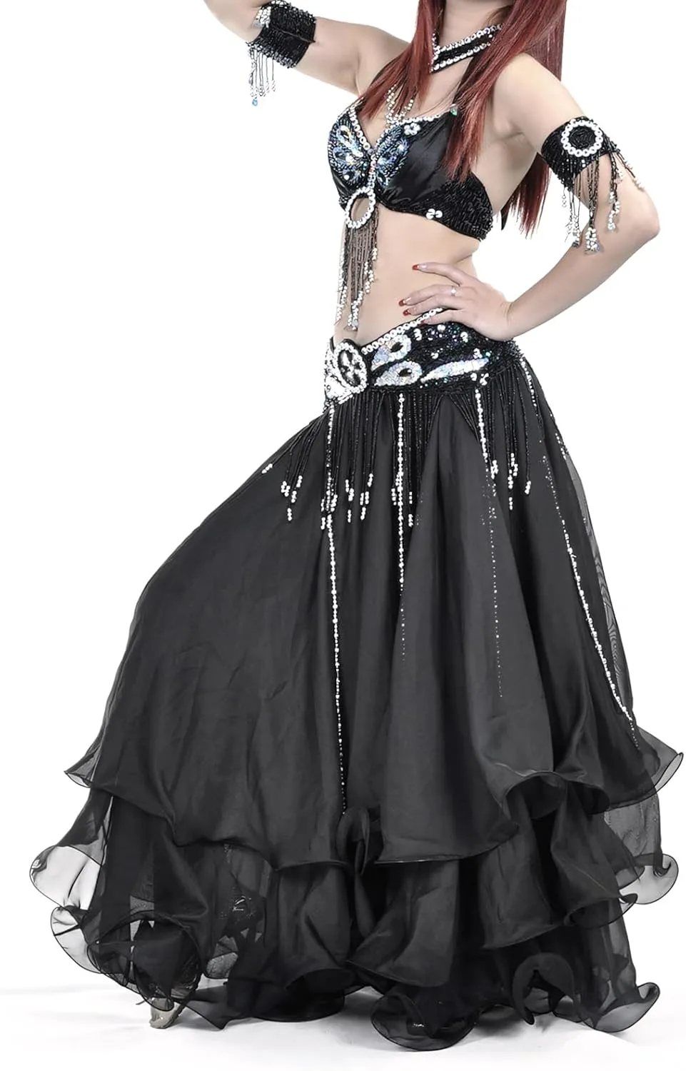 Belly Dance Skirt Halloween Tribal Chiffon Tiered Maxi Full Skirt 37.8 Inch Length