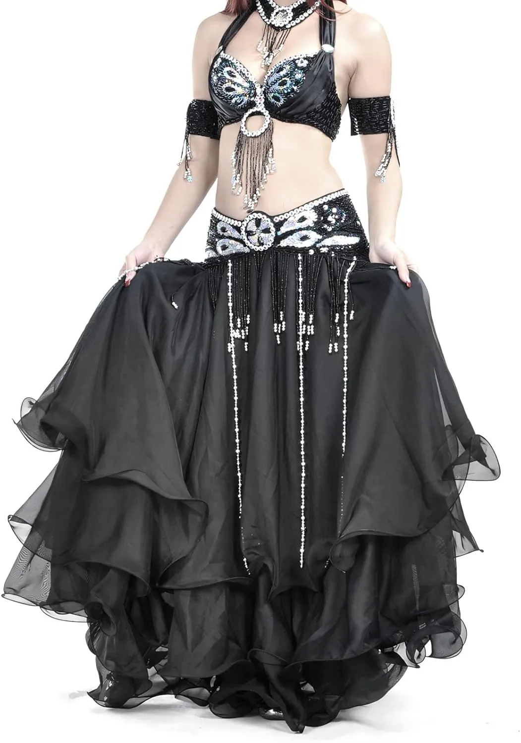 Belly Dance Skirt Halloween Tribal Chiffon Tiered Maxi Full Skirt 37.8 Inch Length