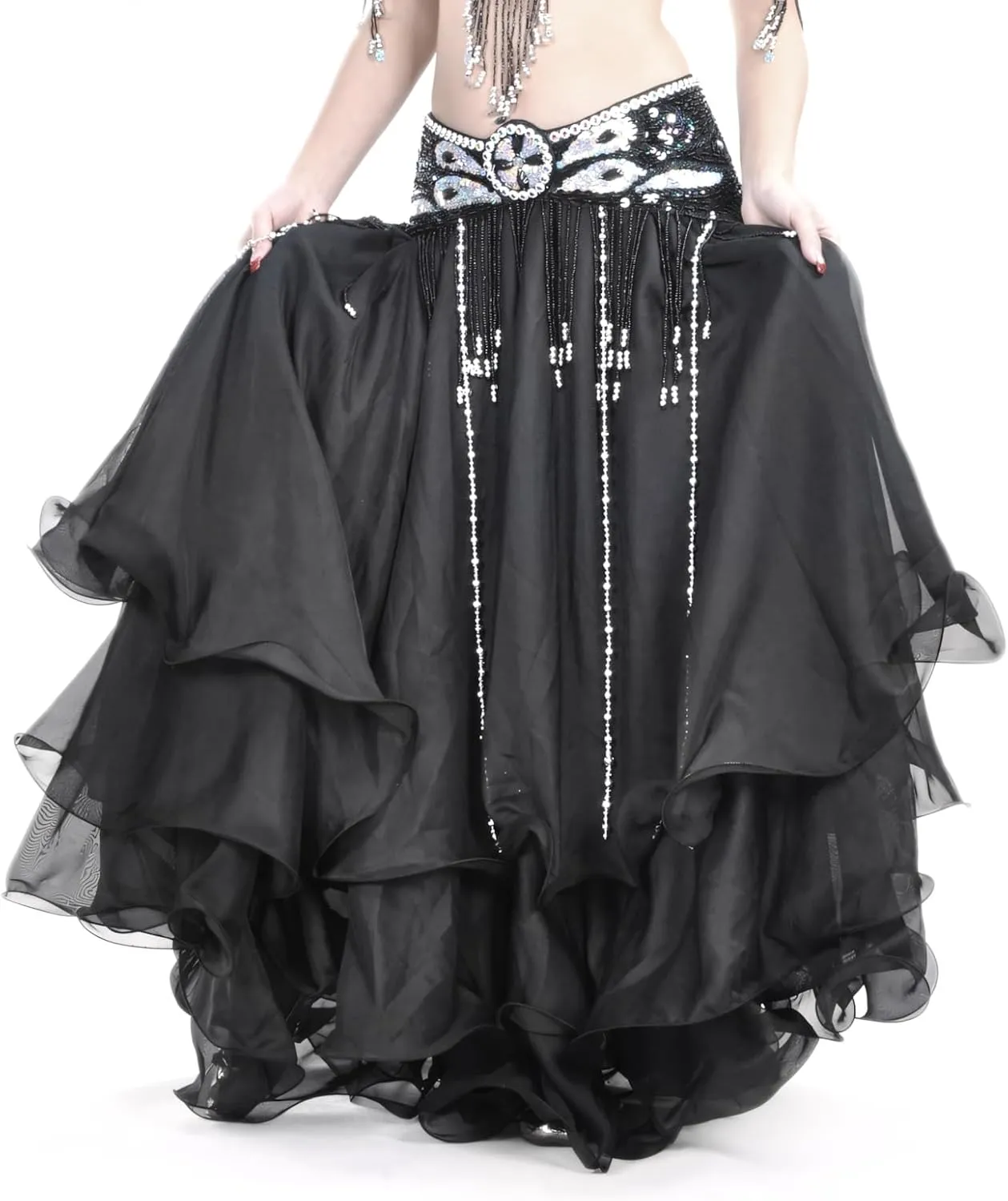 Belly Dance Skirt Halloween Tribal Chiffon Tiered Maxi Full Skirt 37.8 Inch Length
