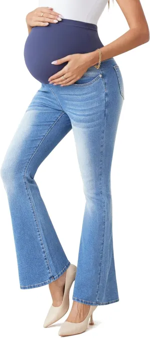 BISUAL Maternity Jeans Over The Belly Slim Stretch Flare Maternity Pants Casual Belly Bell Bottoms Maternity Work Pants